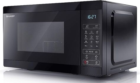 SHARP YC-MG02U-B Compact 20 Litre 800W Digital Microwave with 1000W Grill, 11 power levels, ECO Mode, defrost function, LED cavity light - Black Small Fridge Freezer, Small Fridge, 24 Hour Clock, Microwave Grill, Small Fridges, Kitchen Timer, The Door Is Open, Kitchen Timers, Black Door