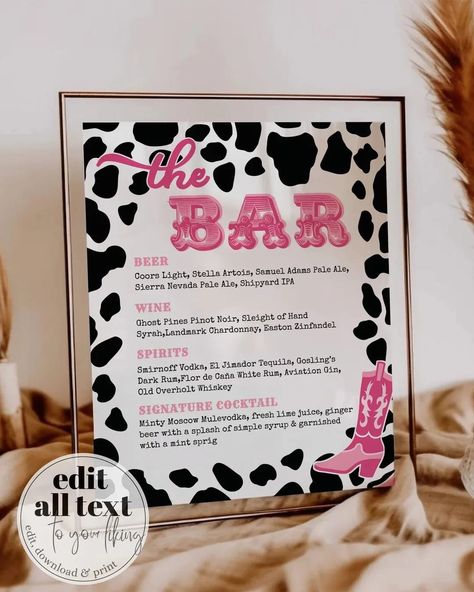 Introducing the vibrant and customizable Disco Cowgirl Bar Menu Sign Template! Perfect for Cowgirl Bachelorette parties or themed birthdays. Easily editable, downloadable, and printable, this template adds a touch of fun to your Last Rodeo celebrations. Get ready to elevate your Nash Bash with this stylish Mimosa Bar Sign and impress your guests with a unique retro vibe. Make your food and drink menu stand out with this chic decor piece!⁣ ⁣ #howdy #nashbach #dollyparton #cowgirl #discocowgirl... Dolly Party, Cowgirl Bachelorette Parties, Menu Stand, Bar Menu Sign, Mimosa Bar Sign, Cowgirl Bachelorette, Food Menu Template, Cowgirl Birthday Party, Disco Cowgirl