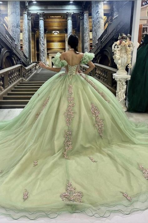 Quinceanera Dresses Corset, Sage Green Quinceanera Dresses, Sage Green Quinceanera, Tiana Wedding, Corset Ball Gowns, Green Quinceanera, Off Shoulder Tulle, Green Quinceanera Dresses, Quinceanera Themes Dresses