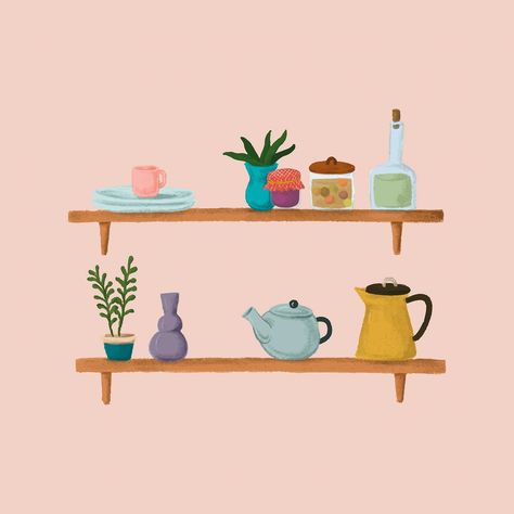 Shelves on a pink wall house interior sketch style vector | premium image by rawpixel.com / Noon House Interior Sketch, Shelves Illustration, Shelf Illustration, Pot Sketch, Kitchen Sketch, Interior Design Vector, Paint Aesthetic, Interesting Furniture, Floral Banners