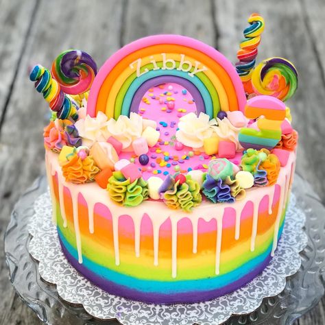 Love using these colors! Candy Drip Cake, Rainbow Candy Cake, Bright Birthday Cakes, Candy Invitations, Rainbow Baking, Flamingo Birthday Cake, Rainbow Cake Recipe, Lolly Cake, Colorful Birthday Cake