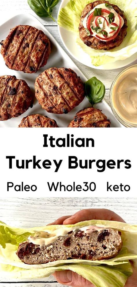 These Italian Turkey Burgers are an easy and fun dinner! Ground turkey burgers are stuffed with olives, sun-dried tomatoes, garlic and more for moist, juicy burgers bursting with flavor. Plus you have to try them with the easiest pickled red onions and two-ingredient balsamic mayo sauce. And by serving these in lettuce cups, they're gluten-free, low carb, keto, Paleo and Whole30 friendly! Dinner Ground Turkey, Balsamic Mayo, Ground Turkey Burgers, Whole 30 Snacks, Whole 30 Lunch, Juicy Burgers, Italian Turkey, Mayo Sauce, Fun Dinner