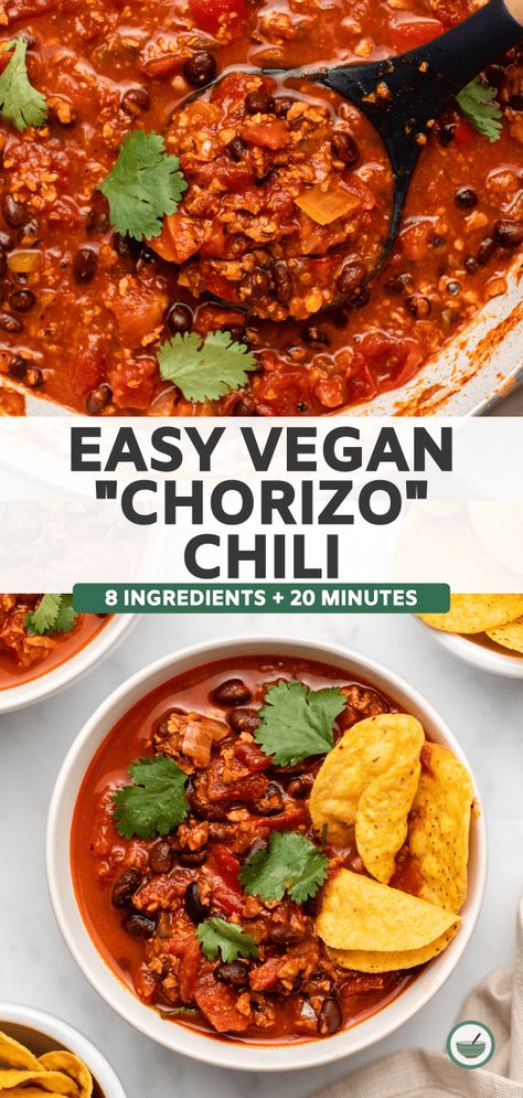 A thick and hearty vegan Chili packed with chorizo, black beans, salsa, and warming spices. Ready in 30 minutes with only 9 simple ingredients! Chorizo Chili Recipe, Chorizo Chili, Easy Vegan Chili, Vegan Chili Recipe, Vegan Ground Beef, Vegan Chorizo, Vegan Mexican Recipes, Vegan Chili, Veggie Food