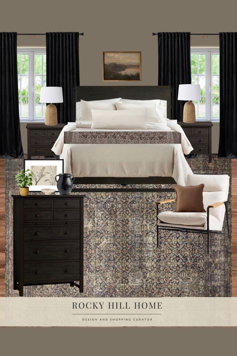 Dark neutral primary bedroom, moody master bedroom Bedroom Decor With Grey Furniture, Black Transitional Bedroom, Moody Bedroom Black Bed, Bedroom Ideas Black Curtains, Black Master Bedding, Pottery Barn Lamps Master Bedrooms, Charcoal Curtains Bedroom, Dark And Moody Guest Room, Black Bedroom Curtains Ideas