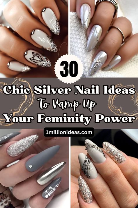 30 Chic Silver Nail Ideas To Vamp Up Your Feminity Power Silver Nail Ideas, Sliver Nails, Anniversary Nails, Silver Acrylic Nails, Metallic Nails Design, Elegant Touch Nails, Silver Nail Designs, Silver Nail Art, Silver Glitter Nails