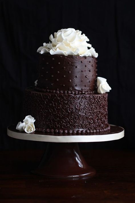 Two Tier Chocolate Cake - pretty cake with recipe! Nice Chocolate Wedding Cake Recipe, Two Tier Chocolate Cake, White Chocolate Ganache Frosting, Chocolate Cake Designs, Cake Frosting Recipe, Chocolate Wedding, Wedding Cake Recipe, Chocolate Cake Decoration, Chocolate Wedding Cake