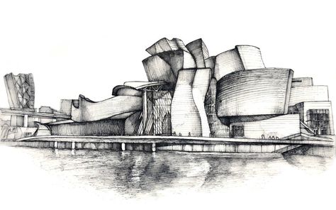 Architecture Hatching, Guggenheim Museum Sketch, Spain Drawing, Guggenheim Museum Bilbao, Cherry Blossom Watercolor, Bilbao Spain, Architecture Drawing Sketchbooks, Building Sketch, Abstract Face Art