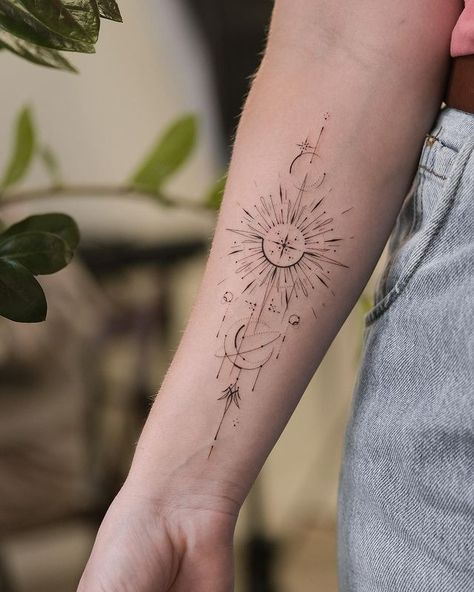 All Posts • Instagram Astrology Forearm Tattoo, Celestial Tattoo Forearm, Graphic Tattoos, Tattoo Sun, Around Arm Tattoo, Celestial Tattoo, Universe Tattoo, Bestie Tattoo, Single Needle Tattoo