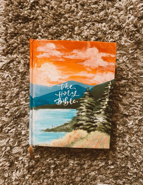 Painted Bible Mountains, Bible Cover Paintings, Bible Painting Cover, Painted Bible Cover Ideas, Painted Scriptures, Painting Bibles, Legacy Bible, Painted Bible Cover, Hand Painted Bible Cover