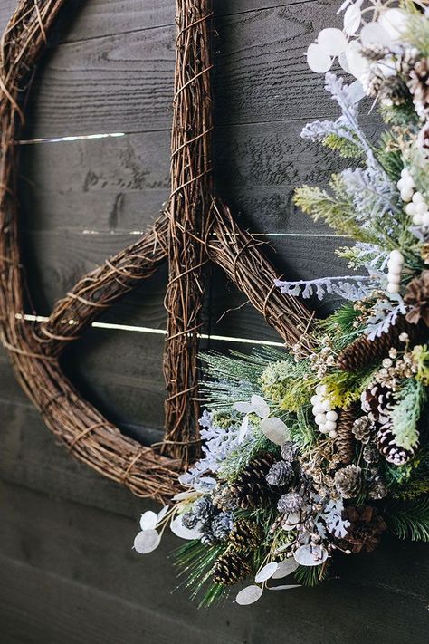 Peace Sign Wreath with Faux Foliage DIY. Put a modern twist on a classic grapevine wreath with faux flowers. It's the perfect large wreath to hang outdoors all winter long. #peacesign #wreath #diywreath #christmas #diy #holidays #christmasDIY #holidayDIY #grapevinewreath #fakeflowers #fauxflowers Peace Sign Wreath, Exterior Flooring, Ceiling Door, Door Entrance, Large Wreath, We Made It, Decor Tips, Holiday Diy, Diy Holiday