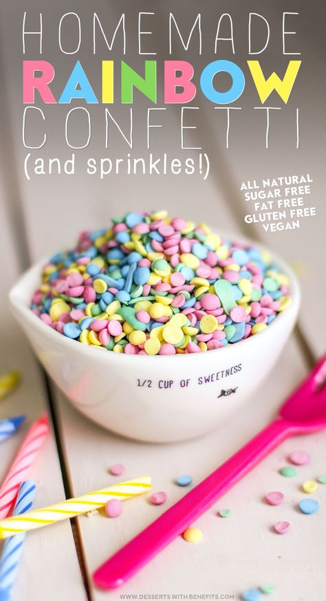 Healthy Homemade Rainbow Sprinkles and Confetti! These are naturally colored, sugar free, fat free, gluten free, and vegan! Skip out on the sugar, trans fats, and artificial food colorings, and make a batch of these ASAP. You'll be tossing 'em into everything sweet you eat! Homemade Dye Free Sprinkles, Make Your Own Sprinkles, Healthy Sprinkles, Vegan Sprinkles, Homemade Sprinkles Recipe, Cookie Sprinkles, Homemade Sprinkles, Sprinkle Recipes, Natural Sprinkles