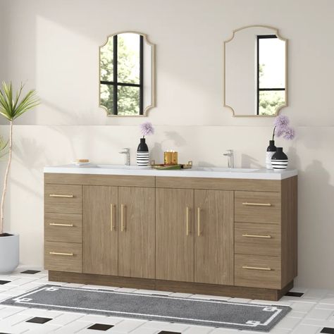 Willa Arlo Interiors Verda 72'' Double Bathroom Vanity with Top & Reviews | Wayfair White Double Vanity With Gold Hardware, 72 Inch Bathroom Vanity Double Sinks, 72 Inch Vanity, Bathroom Vanity Double Sink, 60 Inch Vanity, 72 Vanity, Acrylic Countertop, Farmhouse Storage Cabinets, Freestanding Vanity