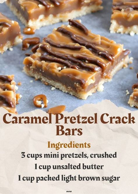 No-Bake Caramel Pretzel Crack... - Tina's Delicious Recipes No Bake Caramel Pretzel Cracker Bars, Pretzel Recipe Dessert, Carmel Desserts, Event Desserts, Sunday Treats, Candy Cookies Recipes, Pretzel Bark, Pretzel Desserts, Chocolate Ingredients