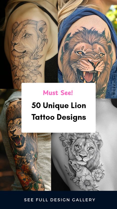 Explore 50 stunning lion tattoo ideas that embody strength and symbolism! Whether you're drawn to bold, fierce designs or intricate, detailed artwork, this collection has something for everyone. Discover classic roars, playful cubs, or creative lioness representations, all designed to inspire your next skin masterpiece. Perfect for tattoo lovers and those seeking an art piece filled with meaning, every tattoo tells a story about pride, bravery, and triumph. Join the journey to find your perfect tattoo today! Lion Roar Tattoo, Tiger Tattoo Men, Unique Lion Tattoo, Lioness And Cub Tattoo, Roaring Lion Tattoo, Lion Tattoo Ideas, Lion Shoulder Tattoo, Lioness And Cubs, Cubs Tattoo