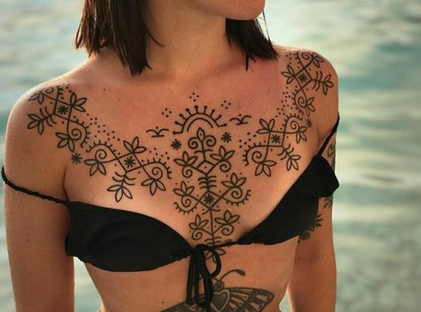 Celtic Chest Tattoo Female, Folk Chest Tattoo, Ornamental Underboob Tattoo, Ornamental Tattoo Chest, Ornamental Chest Tattoo, Croatian Tattoo, Tortoise Tattoo, Tatuaje Cover Up, Tattoo Trash