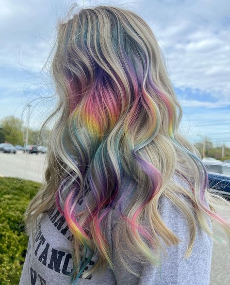 Rainbow Underneath Hair, Holographic Hair Color, Vibrant Highlights, Rainbow Highlights, Holographic Hair, Rose Colors, Hair Styels, Neutral Blonde, Vivid Hair Color