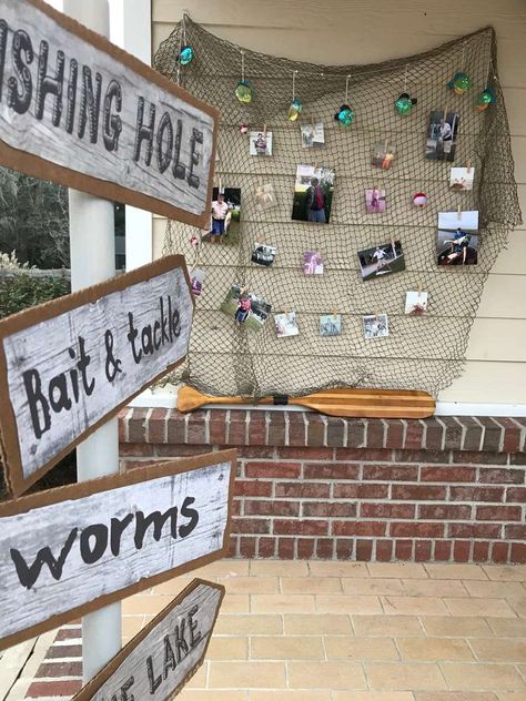 Fisherman Themed Birthday Party, 50th Birthday Party Fishing Theme, Fish Fry Party Decorations Ideas, Fish Fry Decorations, Rustic Fishing Birthday Party, Gone Fishing Decorations, Fisherman Theme Party, Bass Fishing Party Ideas, Gone Fishing Retirement Party