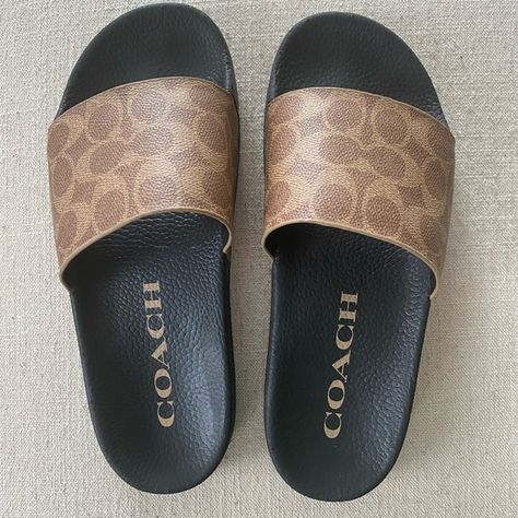 NEW! Coach Udele coated canvas Slides - TAN - Women’s US sz 8 Coach Slides Outfit Ideas, Coach Sandals Outfit, Coach Slides Outfit, Coach Slippers, Coach Slides, Coach Sandals, Long Shirt Women, Slides Outfit, Cute Slides