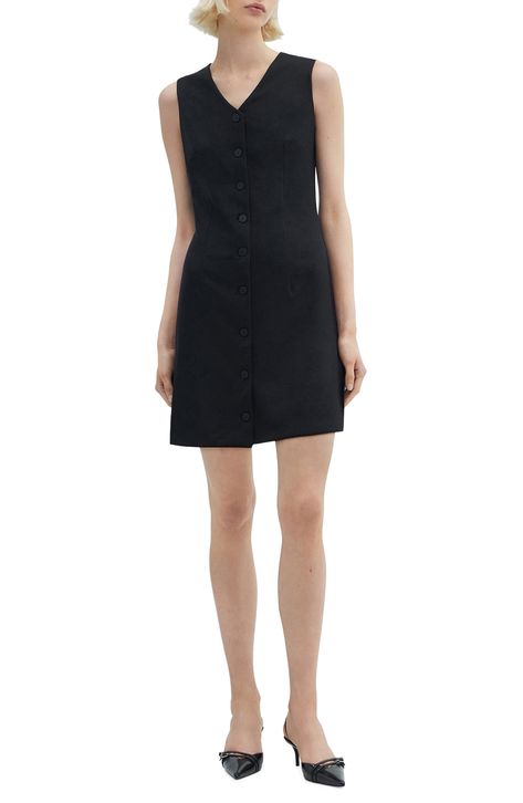 Sharpen up your desk-to-dinner look in this sleeveless minidress fashioned with tonal buttons for smart dimension. Front button closure V-neck Sleeveless Unlined 94% polyester, 6% elastane Machine wash, line dry Imported Button Up Black Dress, Nordstrom Store, Shirtdress, Black Fits, Mango, Button Up, Black Dress, Size 10, Nordstrom