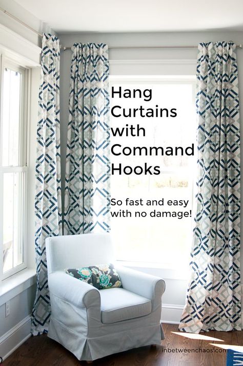 Command hook for curtain rods | inbetweenchaos.com Curtains With Command Hooks, Diy Fretwork, Command Hooks For Curtains, Renter Hacks, 90s Kitchen, Apartment Curtains, Farmhouse Shutters, Hanging Curtain Rods, Cedar Shutters