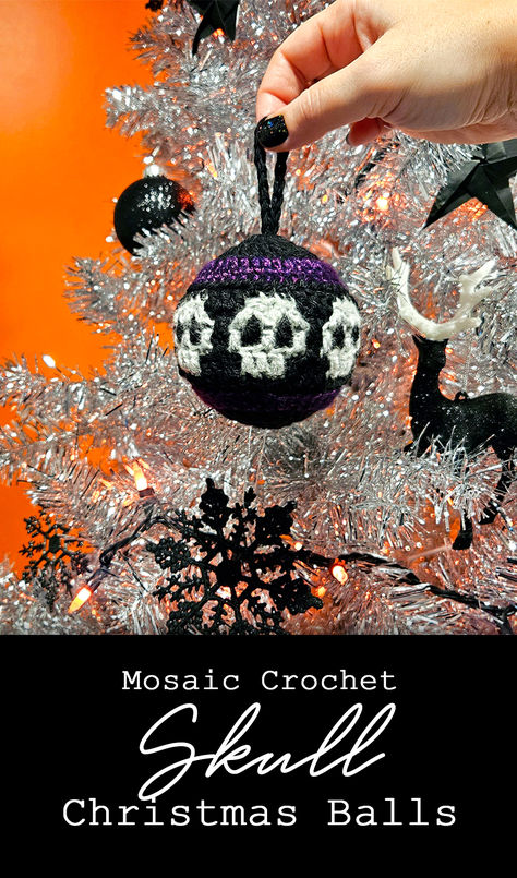 Learn how to make these easy mosaic crochet skull Christmas ball ornaments for your goth or Halloween themed tree! These balls are great for using metallic or sparkly glitter yarn, and you can also stuff them with styrofoam, fiberfill, or anything you have on hand. #mosaiccrochet #skullchristmas #skullcrochet #gothcrochet #gothchristmas #hexmas #gothmas #creepmas #sixeldesign Diy Skull Christmas Ornaments, Diy Goth Ornaments, Halloween Crochet Ornaments, Crochet Halloween Ornaments, Christmas Ornament Crochet Patterns Free, Crochet Xmas Ornaments, Witchy Crochet Patterns Free, Dark Christmas Tree, Crochet Christmas Tree Ornaments