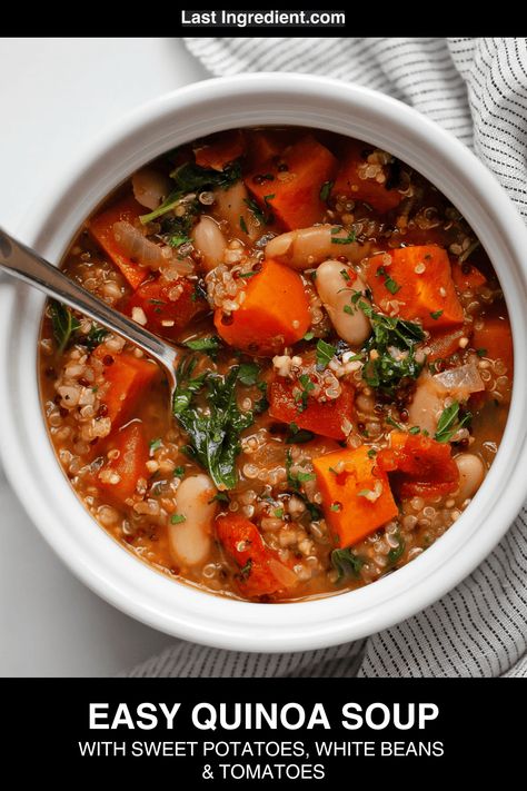 With sweet potatoes, white beans and tomatoes, this easy quinoa soup is a tasty and satisfying recipe that's a wonderful fall-winter vegetable soup. After the sweet potatoes, cannellini beans and quinoa finish simmering, I add chopped kale for greens. This soup is freezes well and is a good choice for meal prep for lunch or dinner. Tomato Kale Soup, Sweet Potato White Bean, White Beans And Tomatoes, Kale Sweet Potato Soup, Kale Soup Vegan, Beans And Quinoa, Winter Vegetable Soup, Soup With Kale, Chopped Kale