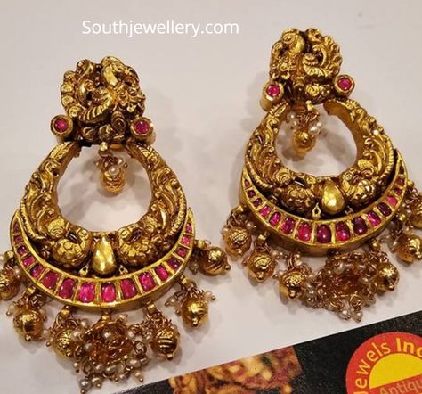 Gold Chandbali Earrings Design, Chandbali Earrings Gold, Big Earrings Gold, Chand Bali, Gold Peacock, Gold Temple Jewellery, Gold Jhumka Earrings, Indian Jewelry Earrings, Antique Necklaces Design