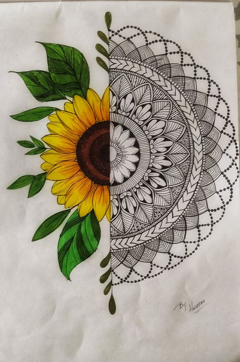 Mandala With Sunflower, Mandala Art Sunflower, Nature Mandala Drawing, Sunflower Mandala Drawing, Nature Mandala, Sunflower Mandala, Watercolor Mandala, Doodle Art Flowers, Easy Mandala Drawing