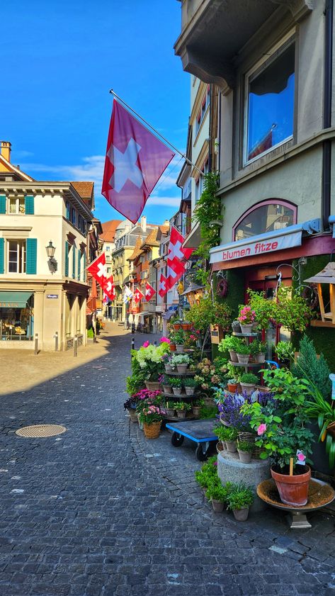 Flower shops along a Zurich streets. #eurosummer #Europeanstreets #Zurich #Switzerland #Swissstreets #travelasthetic Travel Switzerland Aesthetic, Switzerland Vision Board, Travel Aesthetic Switzerland, Switzerland Astethic, Traveling To Switzerland, Zurich Switzerland Aesthetic Summer, Switzerland Travel Aesthetic, Switerzerland Summer, Switzerland Aesthetic Summer