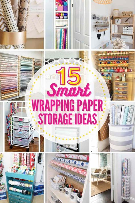 15 BEST WRAPPING PAPER STORAGE IDEAS! Love gift giving but can't stand the gift wrap clutter? Here are 15 AWESOME wrapping paper storage solutions and organizing ideas that will help! #wrappingpaperstorageideas #giftwrapstorage #storagesolutions #storageideas #organizing Wrapping Paper Storage Ideas, Diy Wrapping Paper Storage, Paper Storage Ideas, Wrapping Paper Station, Tissue Paper Storage, Wrapping Paper Holder, Gift Bag Organization, Gift Bag Storage, Wrapping Paper Organization