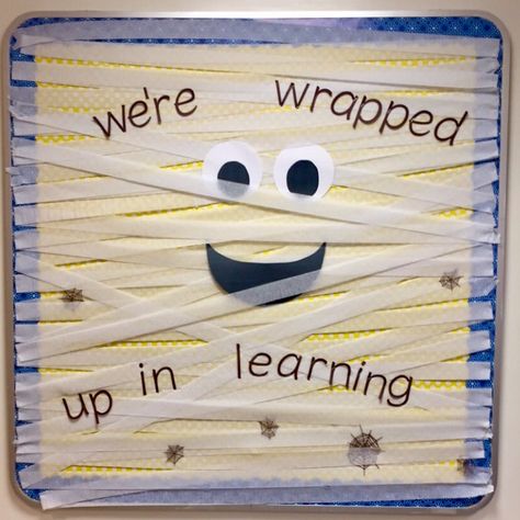 "Mummy" bulletin board for October. I used 2 rolls of white streamers for the mummy wrap.   #October #Halloween #Mummy #BulletinBoard #RA #Learning #School #College #Fun #Craft Mummy Bulletin Board, October Bulletin Board, October Bulletin Boards, Halloween Classroom Door, Door Bulletin Boards, Halloween Classroom Decorations, Elementary Bulletin Boards, Mummy Wrap, Cute Bulletin Boards