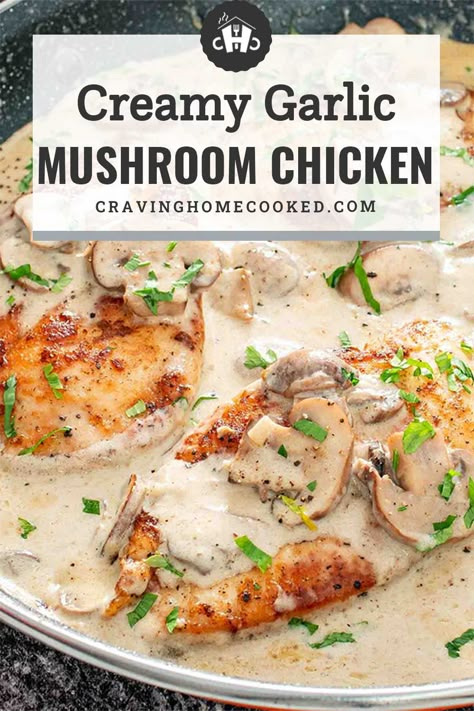 This Creamy Garlic Mushroom Chicken has seared tender chicken breasts smothered in a rich parmesan sauce with mushrooms ready in 30 minutes. #chicken #mushrooms #recipe Chicken N Mushroom Recipes, Chicken Mushroom Cream Cheese Recipes, Chicken And Mushroom Recipes Healthy, Mushroom Parmesan Chicken, Chicken Breast Mushroom Recipes, Chicken Mushroom Onion Recipe, Chicken And Mushrooms Crockpot, Creamy Chicken And Mushroom Recipes, Chicken Breast Recipes With Mushrooms