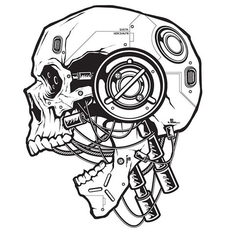 Cyberpunk Skull Tattoo, Robot Skull Drawing, Biomechanical Drawing, Cyberpunk Drawing, Cyberpunk Skull, Electronic Tattoo, Cool Skull Drawings, Illustration Tshirt, Cyberpunk Tattoo