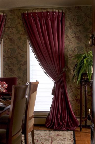 Art Deco Style Interior, Canopy Curtains, Drapery Designs, Interior Decorator, Window Dressing, Red Curtains, Custom Window Treatments, Window Styles, Custom Windows