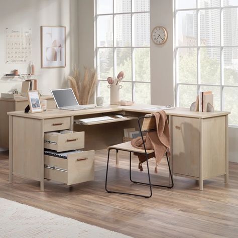 Millwood Pines Patrece 94.13'' Desk | Wayfair L Shaped Office Desk, Small Office Desk, L Shape Desk, Executive Office Desk, Hanging Files, L Shaped Desk, Keyboard Mouse, Home Office Desk, Office Essentials