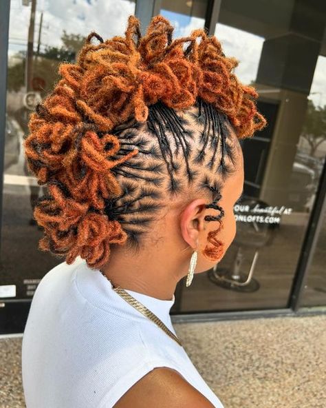 Loc Styles Two Buns, Dread Mohawk Women, Loc Halo Crown Style, Bantu Knots Locs Hairstyles, Mohawk Loc Styles Black Women, Loc Crown Style, Two Strand Loc Styles For Women, Formal Locs Hairstyles, Locs Updo Hairstyles For Women