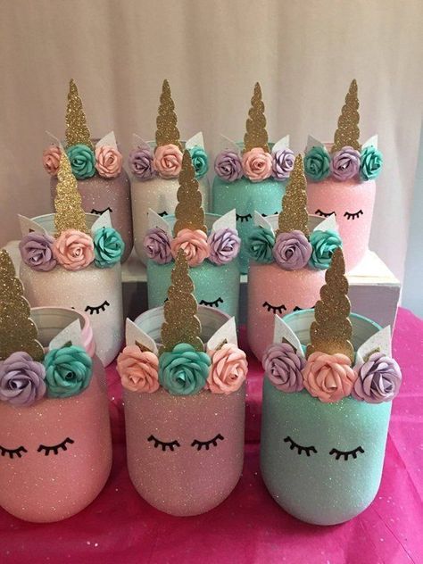 Unicorn Mason Jar, Unicorn Birthday Party Decorations, Unicorn Themed Birthday Party, Glitter Jars, Unicorn Crafts, Unicorn Party Decorations, Unicorn Decorations, Wine Bottle Diy Crafts, Diy Jar Crafts