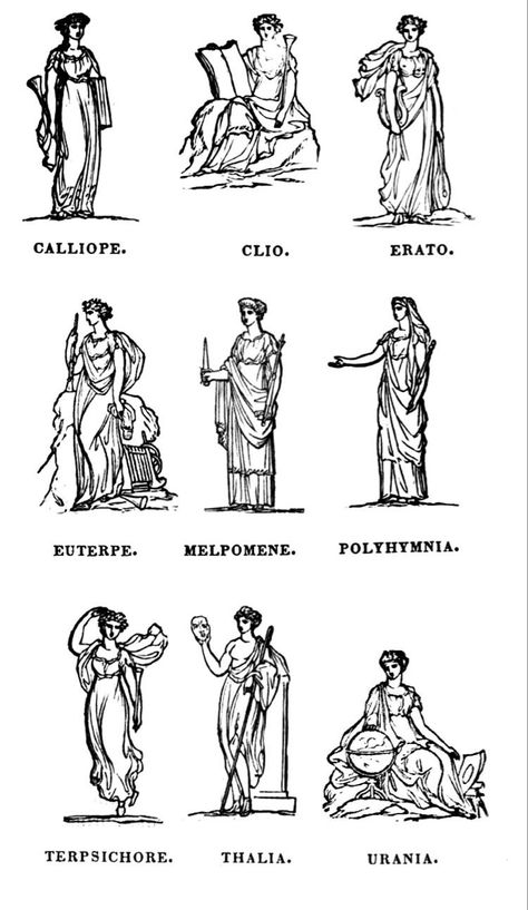 Greek Mythology Tattoos Muses, Nine Muses Tattoo, Muses Tattoo Greek, Greek Muses Illustration, Calliope Greek Mythology, Three Muses Tattoo, The Nine Muses Greek Mythology, Greek Muses Art, Nine Muses Mythology