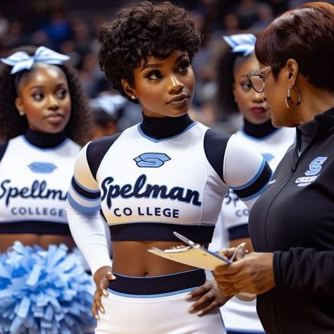 AI PROMPT SHARING | Used Bing for this image | Facebook Hbcu Aesthetic, College Hbcu, Black Cheerleaders, Basketball Game Outfit, Cute Highschool Outfits, Spelman College, Cheer Athletics, Woman Artwork, Cheer Poses