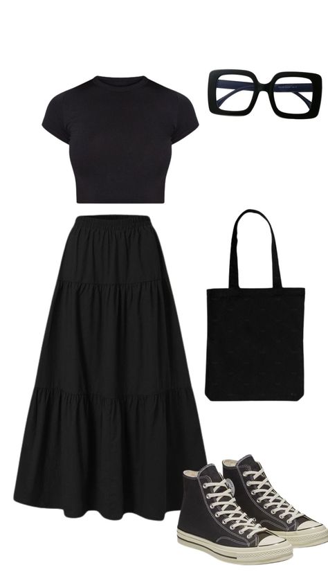 Summer Outfit With Converse, Black Skirt Maxi Outfit, Styling Basic Tees Outfit, Outfits With Black Maxi Skirt, Styling Black Maxi Skirt, Maxi Skirt Black Outfit, Black Maxi Skirt Outfits, Black Maxi Skirt Outfit Ideas, Skirt With Converse