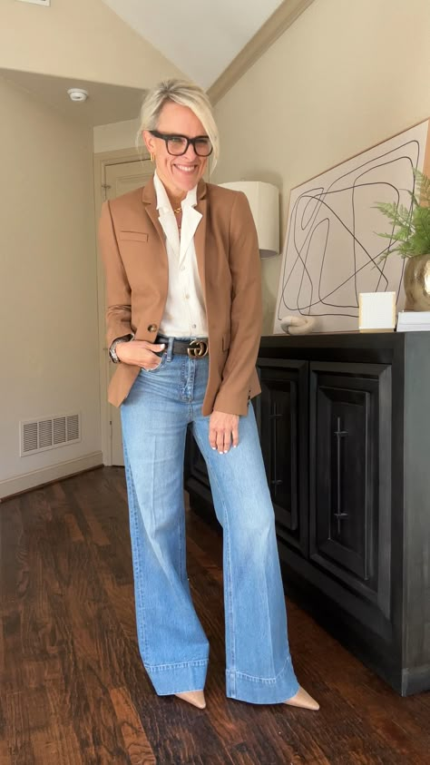 Cable-knit puff-sleeve crewneck … curated on LTK Women Blazer With Jeans, Wide Leg Jeans Outfit Blazer, Saturday Afternoon Outfit Casual, Over 40 Business Casual Outfits, Styling A Blazer Women, Wear Jeans To Work Women, Informal Outfits Woman, 2024 Mom Style, Women’s Fashion Over 50