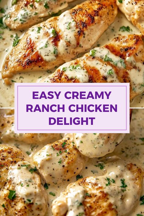 This pin showcases an Easy Creamy Ranch Chicken Delight with a mouthwatering velvety sauce coating tender chicken, using 2 images of the completed dish garnished for a rich presentation. Chicken Breast Ranch Recipes, Easy Chicken Dinner Recipes For Family, Chicken In Cream Sauce Recipes, Ranch Chicken Breast Recipes, Ranch Chicken Healthy, Ranch Chicken Baked, Chicken Ranch Recipes, Chicken Breast Recipes Easy Quick, Buttermilk Ranch Chicken