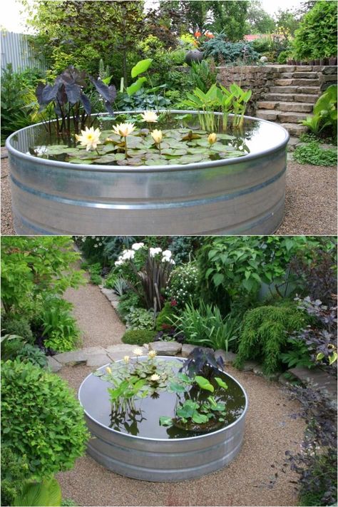 12 Best Easy DIY Pond Ideas For Garden & Patio - A Piece Of Rainbow Mini Garden Pond, Diy Ponds Backyard Simple Cheap, Above Ground Pond Ideas, Small Ponds With Waterfall, Small Pond Landscaping, Diy Ponds Backyard Simple, Mini Pond Ideas, Diy Pond Fountain, Diy Pond Ideas