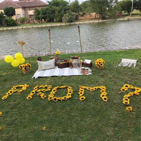 Prom Proposal Sunflower, Hoco Proposals Ideas Sunflowers, Pool Promposal, Cool Promposal Ideas, Sunflower Promposal Ideas, Queer Promposal, Extra Promposal Ideas, Promposal Ideas Aesthetic, Romantic Prom Proposal