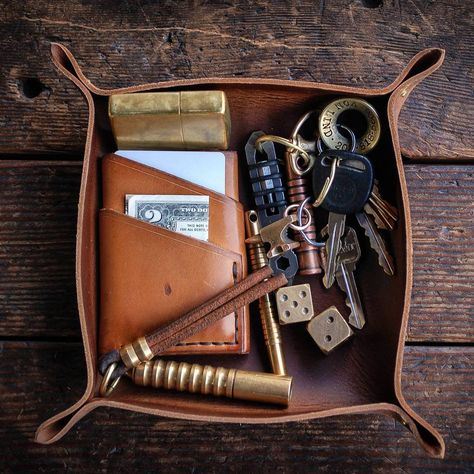 Leather Tray, Valet Tray, Tan Boots, Hammered Brass, Edc Gear, Survival Gear, Everyday Carry, Mountain Backpack, Rivets