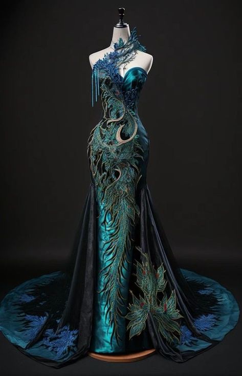 Peacock Dresses Formal, Peacock Dress Design, Dragon Inspired Outfits, Dragon Dress Fantasy Gowns, Peacock Outfit, Peacock Gown, Villain Dresses, Dragon Dress, Peacock Dress