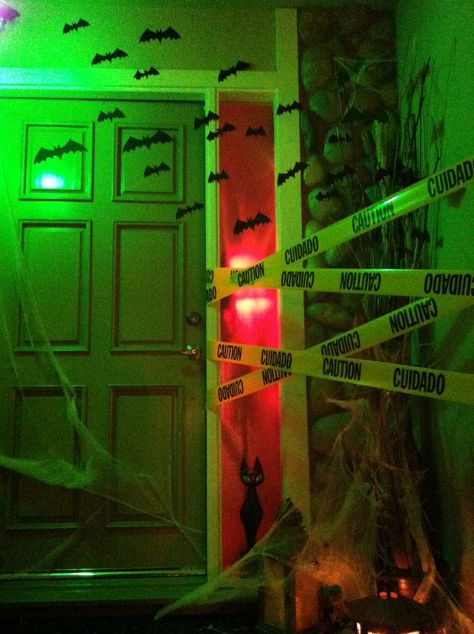 Caution tape and bats on the door for Halloween Caution Tape Decoration Halloween Door, Halloween Caution Tape Ideas, Caution Tape Halloween Decoration, Caution Tape Decoration, Factory Background, Halloween Hallway, Anything But Clothes Party, Haunted Hallway, Horror Decorations