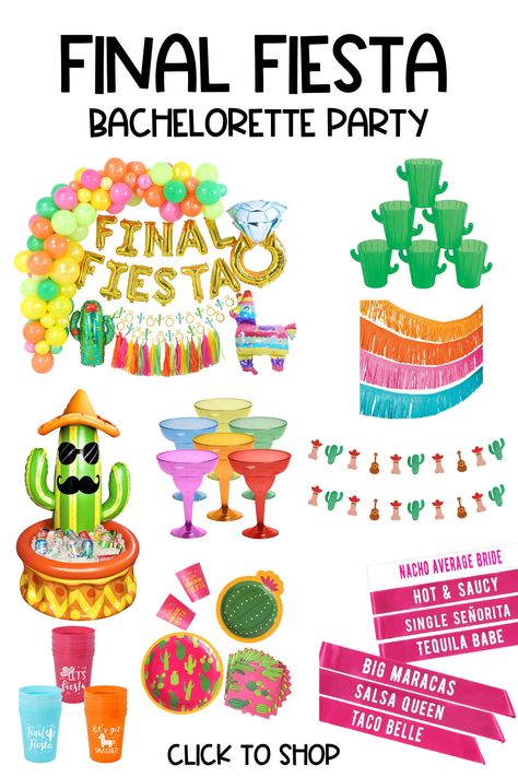 Going to Mexico for your bachelorette trip? Staying stateside, but looking to have a Final Fiesta themed bachelorette party? I've got you covered with all the bachelorette supplies and decorations you need that are sure to have the bride squealing with joy! Click the link or photo to shop these items in my storefront! The Final Fiesta Bachelorette Party, Her Last Fiesta Bachelorette, Last Siesta Before The Fiesta, Nacho Average Bride Bachelorette, Bachelorette Party Themes Non Alcoholic, Spanish Bachelorette Party Ideas, Final Fiesta Decor, The Last Fiesta Bachelorette, Bachelorette Party Last Fiesta