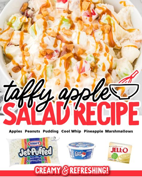 Apple Taffy Salad, Taffy Apple Salad Recipe, Pudding Salad, Taffy Apple Salad, Marshmallow Salad, Caramel Apple Salad, Taffy Apple, Tart Flavors, Apple Salad Recipes