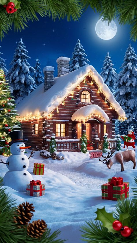 Immerse yourself in a festive winter wonderland with our cozy, snow-covered cabin adorned with Christmas lights. Nestled in a tranquil forest of fir trees dusted with snow, the scene features a cheerful snowman, grazing reindeer, and festive presents scattered around. The clear night sky showcases a bright full moon and twinkling stars, while the warm glow from the cabin windows suggests a roaring fire inside. For added detail, pinecones and holly berries decorate the forest floor. Perfect for bringing holiday cheer to your digital space! Cabin Windows, Easy Christmas Drawings, Cozy Snow, Clear Night Sky, Christmas Tree Pictures, Christmas Drawings, Christmas Background Images, Christmas Dreaming, Merry Christmas Wallpaper